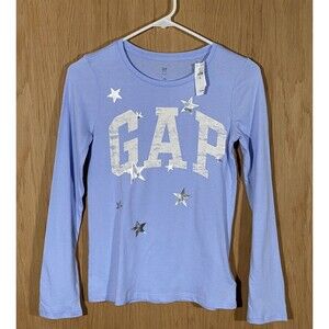 Gap Kids Girls Size XL (12) Light Blue LS Tee Logo Silver Stars Lightweight NWT